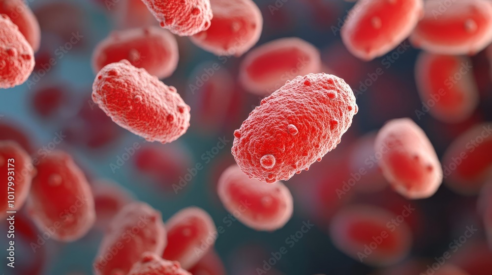 Fototapeta premium Dangerous bacteria spreading in crowded spaces, zoomed-in view, 3D illustration