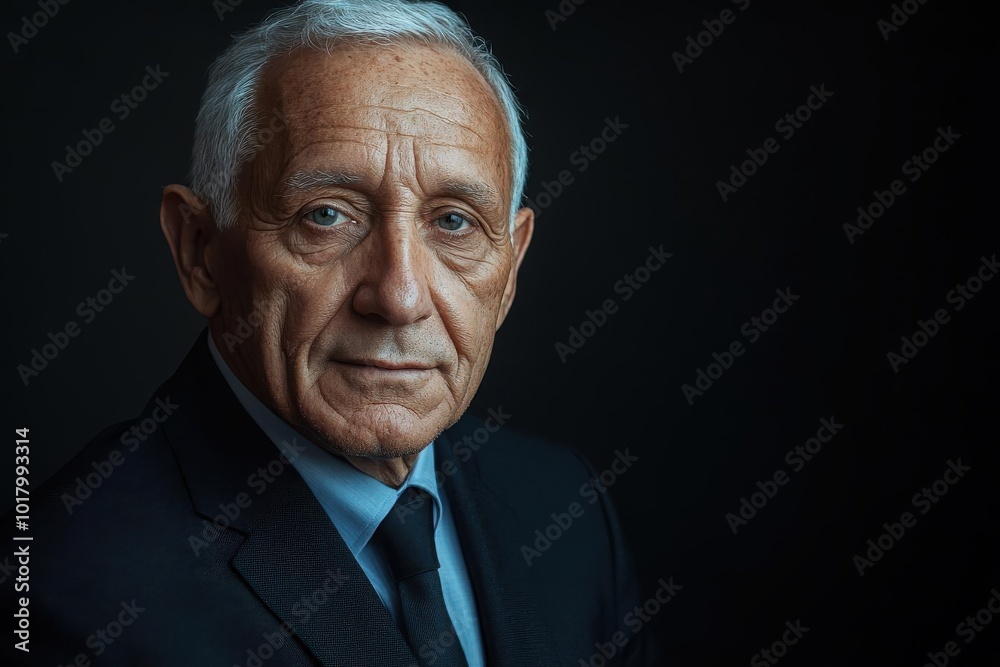 Obraz premium Elderly man in a suit with a serious expression, against a dark background. Portrait of mature gentleman with gray hair and wrinkles representing wisdom.