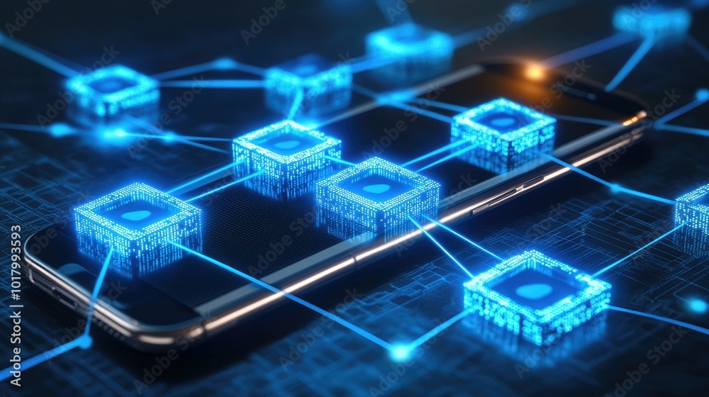 3D render of a phone with interconnected digital blocks, symbolizing blockchain technology. 3D render of a phone with interconnected digital blocks, symbolizing blockchain technology.