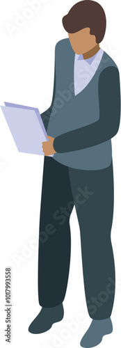 Businessman holding documents icon, isometric vector illustration