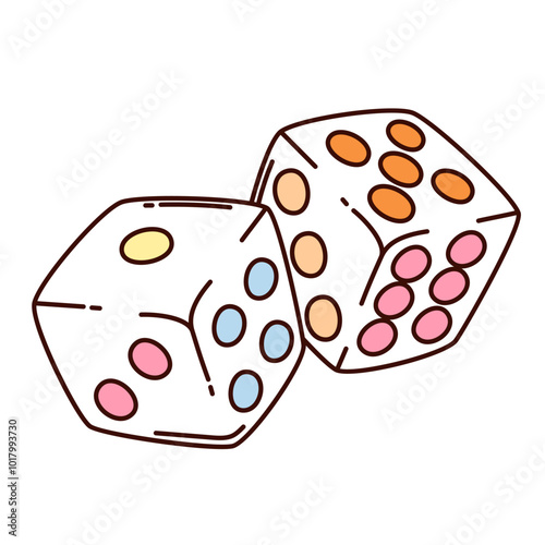 Groovy cartoon two dices roll. Funny retro white cubes with dots to choose random winner in quiz, gambling game. casino, chance, mascot, cartoon dices sticker of 70s 80s style vector illustration