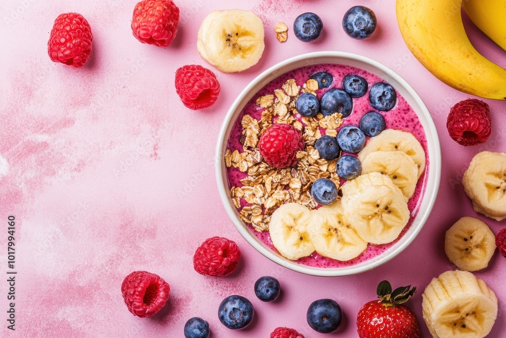 Colorful fruit smoothie bowl with fresh berries granola