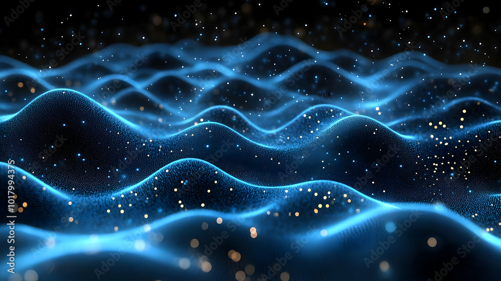 Abstract representation of glowing waves with sparkling particles. Abstract representation of glowing waves with sparkling particles.