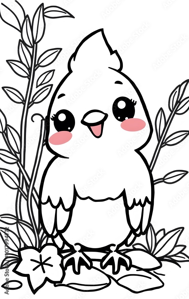 Obraz premium Cute Cartoon Doves in Nature for Coloring Book