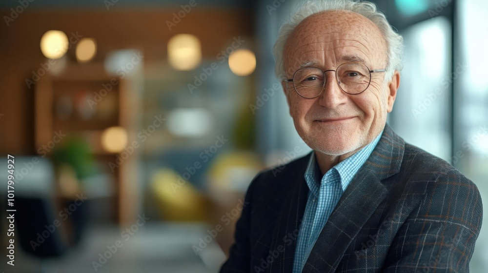 Smiling elderly man wearing glasses in a business suit, standing confidently with a blurred office background, representing experience and wisdom. Smiling elderly man wearing glasses in a business suit, standing confidently with a blurred office background, representing experience and wisdom.