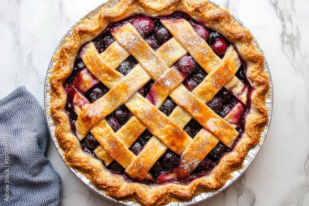 Freshly baked homemade berry pie with lattice crust on marble countertop