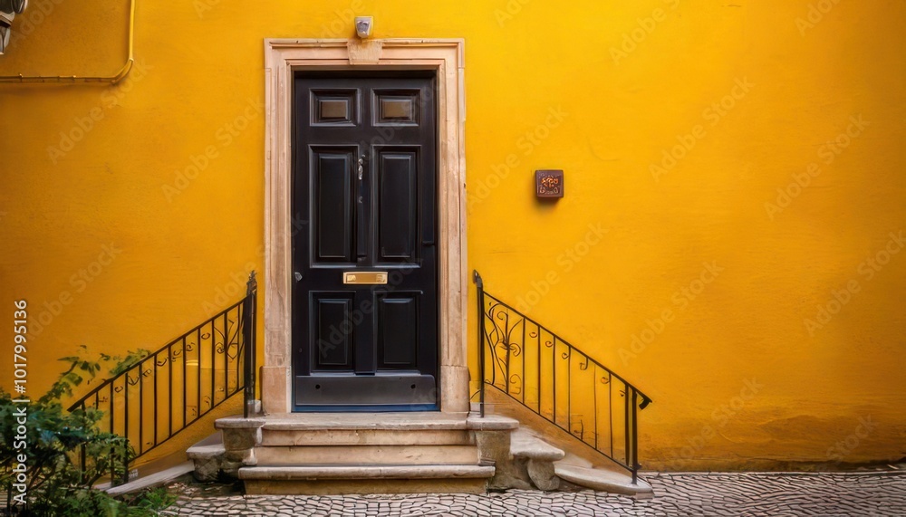 Fototapeta premium Yellow color building wall and black entrance door, stairs and railing, old house entrance 