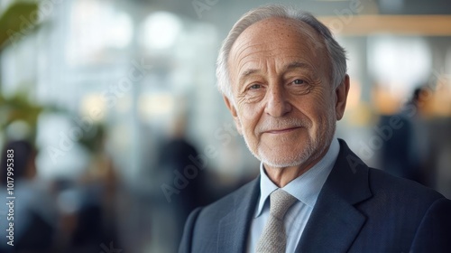 Elderly businessman smiling confidently in modern office setting. Professional attire and ambient office environment. Suitable for corporate themes.