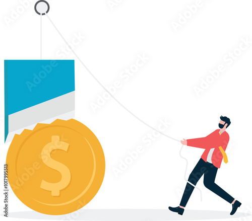Businessman put down the guillotine to cut open the dollar coin,

