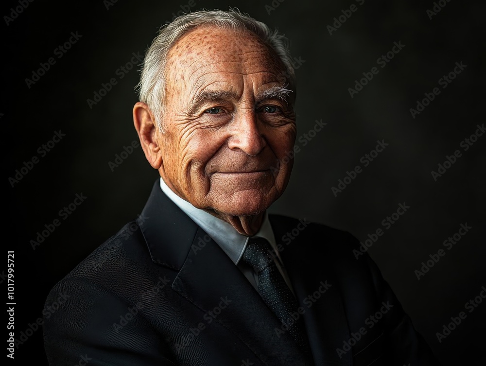 Portrait of a dignified elderly man in a dark suit, set against a dark background, exuding warmth and wisdom with a confident smile. Portrait of a dignified elderly man in a dark suit, set against a dark background, exuding warmth and wisdom with a confident smile.