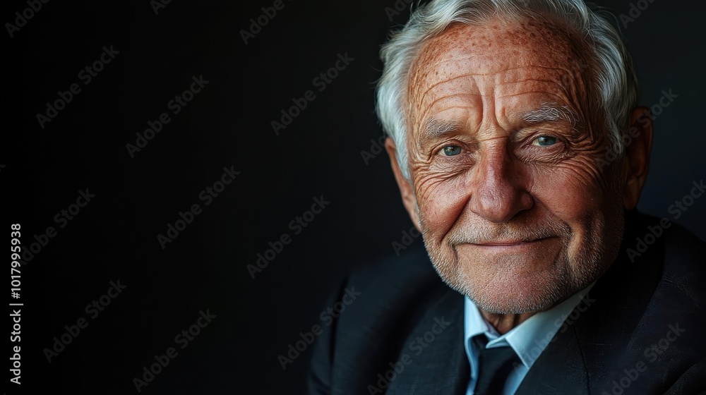 Elderly man smiling warmly in a formal suit, portrait set against a dark background, exuding wisdom and experience. Elderly man smiling warmly in a formal suit, portrait set against a dark background, exuding wisdom and experience.