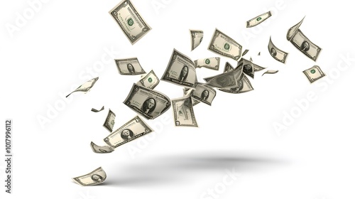 A stream of dollar bills floats against a white background. photo