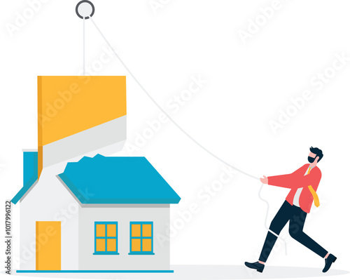 Businessman put down the guillotine to cut open the house, business concept illustration
