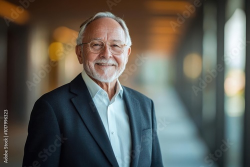 Confident senior businessman in glasses, smiling while standing in a modern office hallway with large windows, wearing a dark suit and tie.