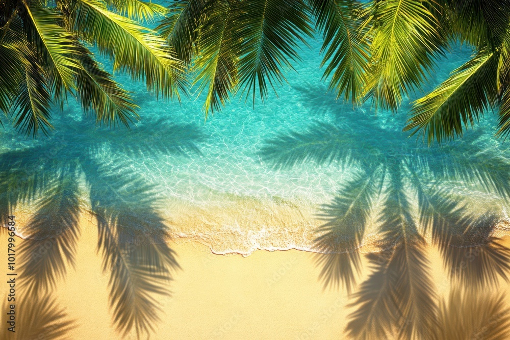 Tropical beach paradise with palm shadows on golden sand Tropical beach paradise with palm shadows on golden sand