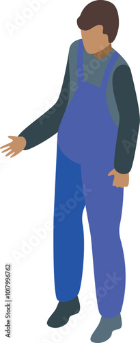 Young mechanic wearing blue overalls standing isometrically