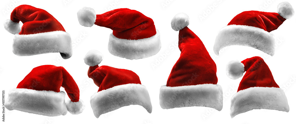 Set of isolated red Santa Claus hats. Collection of bright contrasting hats Set of isolated red Santa Claus hats. Collection of bright contrasting hats