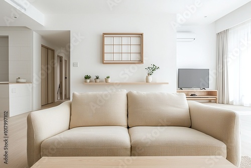 Minimalist, modern Japandi interiors in apartment living rooms with sofas and tables. Generative AI