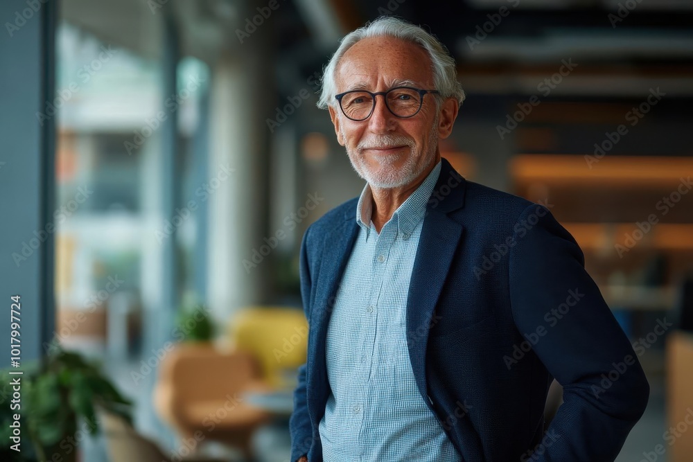 Senior businessman with glasses and a suit standing confidently in a modern office space, smiling at the camera. Senior businessman with glasses and a suit standing confidently in a modern office space, smiling at the camera.