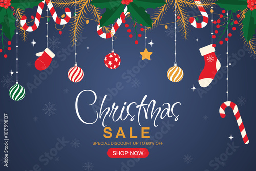 Holiday sale background design with hanging Christmas decorations