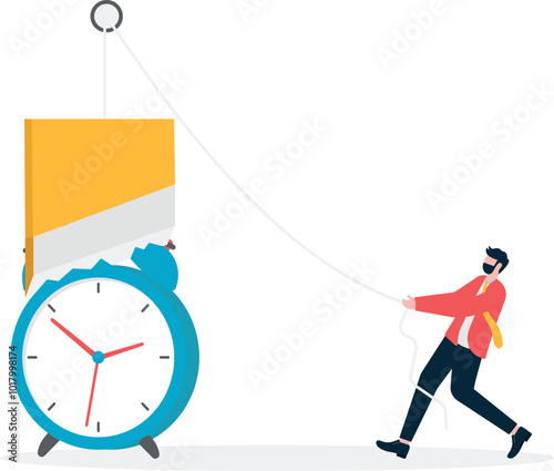 Businessman put down the guillotine to cut open the clock, business concept illustration
