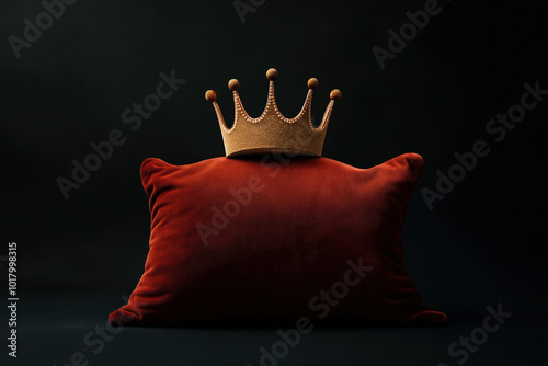 Golden crown placed on a red velvet pillow against a dark background, highlighting themes of royalty, luxury, and elegance.