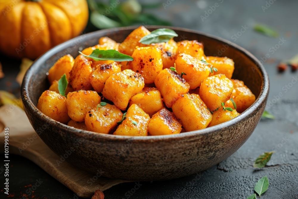 homemade pumpkin gnocchi in a rustic bowl, fall flavors concept banner with space for text homemade pumpkin gnocchi in a rustic bowl, fall flavors concept banner with space for text