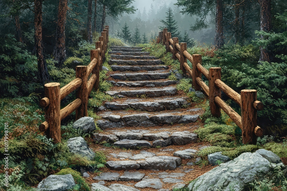 Hand-Painted Style Forest Scene with Wooden Stairs Leading to Rocks – Pine Trees, Mossy Ground, and Wooden Guardrails
Hand-Painted Style Forest Scene with Wooden Stairs Leading to Rocks – Pine Trees, Mossy Ground, and Wooden Guardrails