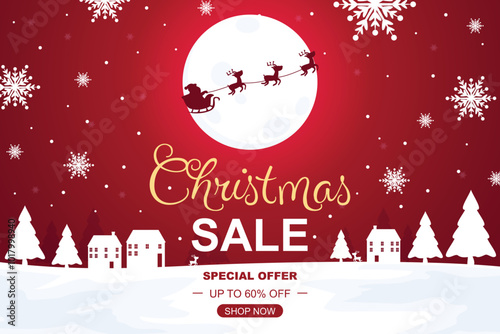 Christmas cityscape vector illustration with santa and reindeer sleigh for holiday sale background