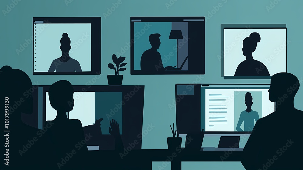 Fototapeta premium Group video call featuring diverse participants in a modern workspace.