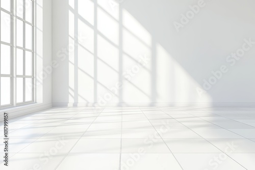 Minimalist white room with large window sunlight shadows