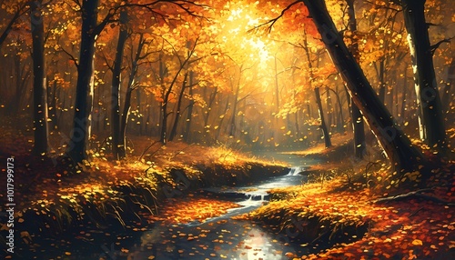 Enchanting Autumn Forest A Tranquil Stream Amid Golden Foliage and Sunlit Canopy