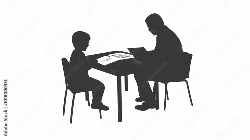 Silhouette of a man and child studying together at a table. Silhouette of a man and child studying together at a table.
