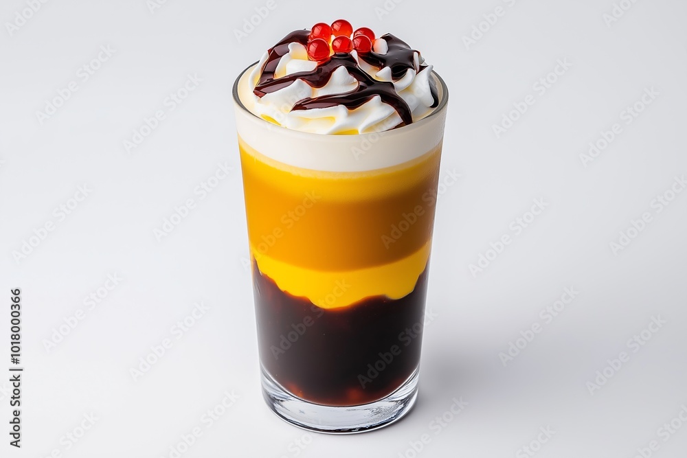 Glass of ice cream with a cherry on top. The ice cream is yellow and brown. The cherry is red Glass of ice cream with a cherry on top. The ice cream is yellow and brown. The cherry is red
