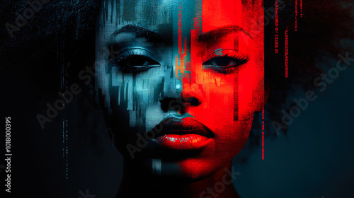 A dramatic digital abstraction of a face with contrasting red and blue elements, embodying modern technology and emotional depth.