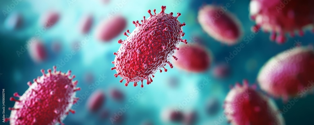Microscopic view of bacteria on food packaging, contamination risk, 3D illustration Microscopic view of bacteria on food packaging, contamination risk, 3D illustration