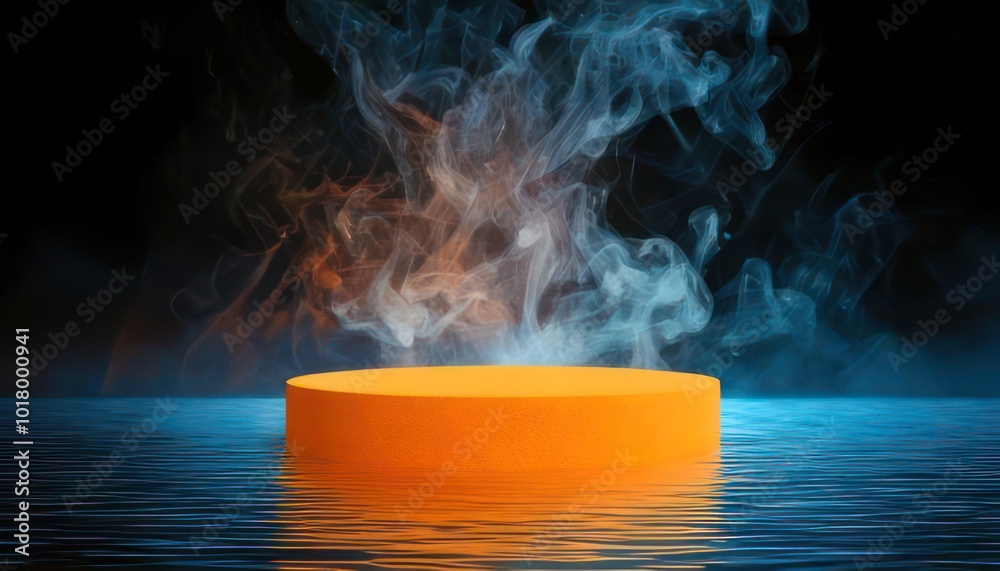 Abstract background smoke pedestal for product presentation, water orange podium product Abstract background smoke pedestal for product presentation, water orange podium product