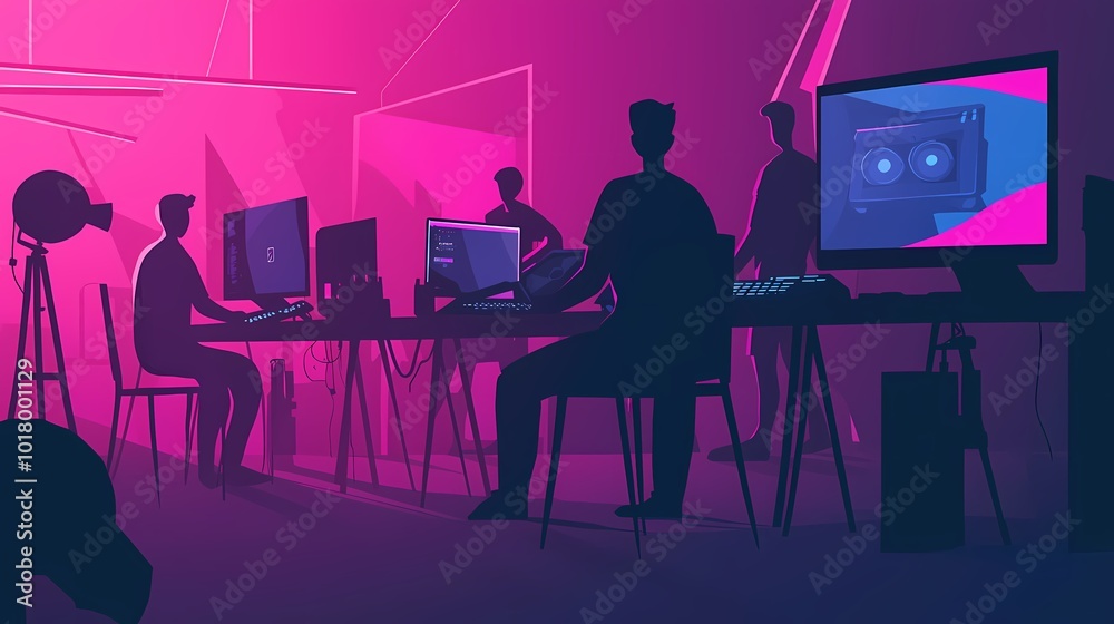 Silhouetted figures working in a vibrant gaming setup, surrounded by neon lights. Silhouetted figures working in a vibrant gaming setup, surrounded by neon lights.