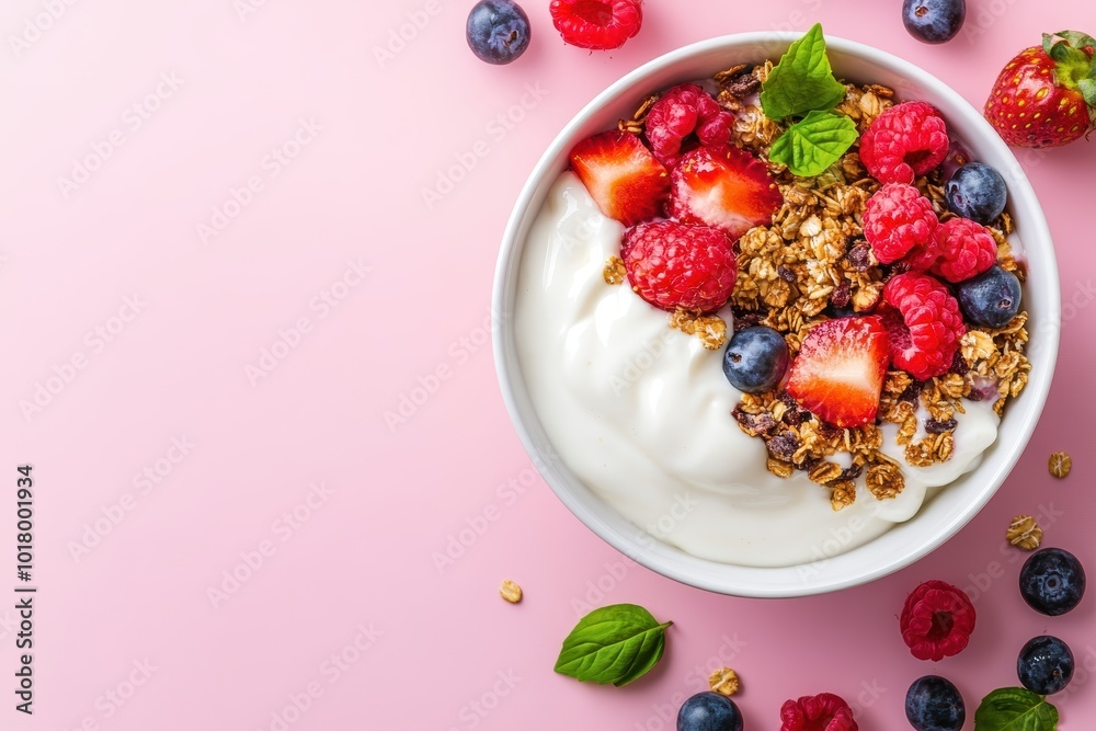 Healthy yogurt breakfast bowl with fresh berries granola on pink