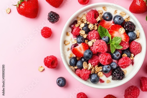 Obraz na płótnie Fresh berry yogurt bowl with granola on pink background w salonie
