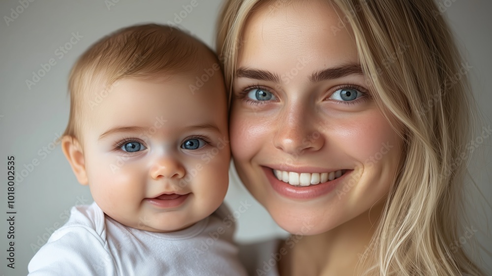 A blonde woman with blue eyes smiles and holds her baby in a white t-shirt against a light background A blonde woman with blue eyes smiles and holds her baby in a white t-shirt against a light background