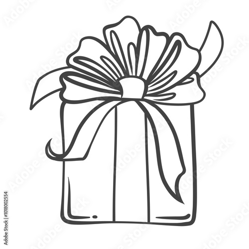 Christmas gift box with ribbon bow line icon. Outline hand drawn present package for holidays greeting, festive gift. Xmas, New Year mascot, surprise birthday giftbox icon vector illustration