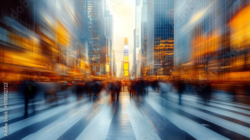 Blurry urban scene depicting busy streets and skyscrapers.