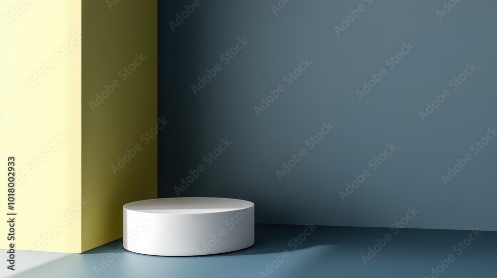Minimalist interior with geometric shadows round white podium Minimalist interior with geometric shadows round white podium