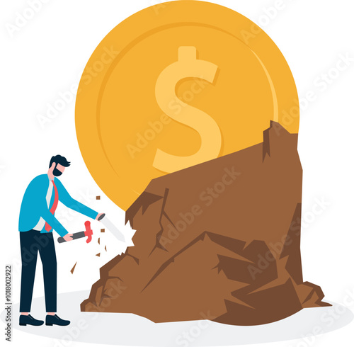 Businessman holding hammer and chisel carving upward dollar coin, business concept illustration.

