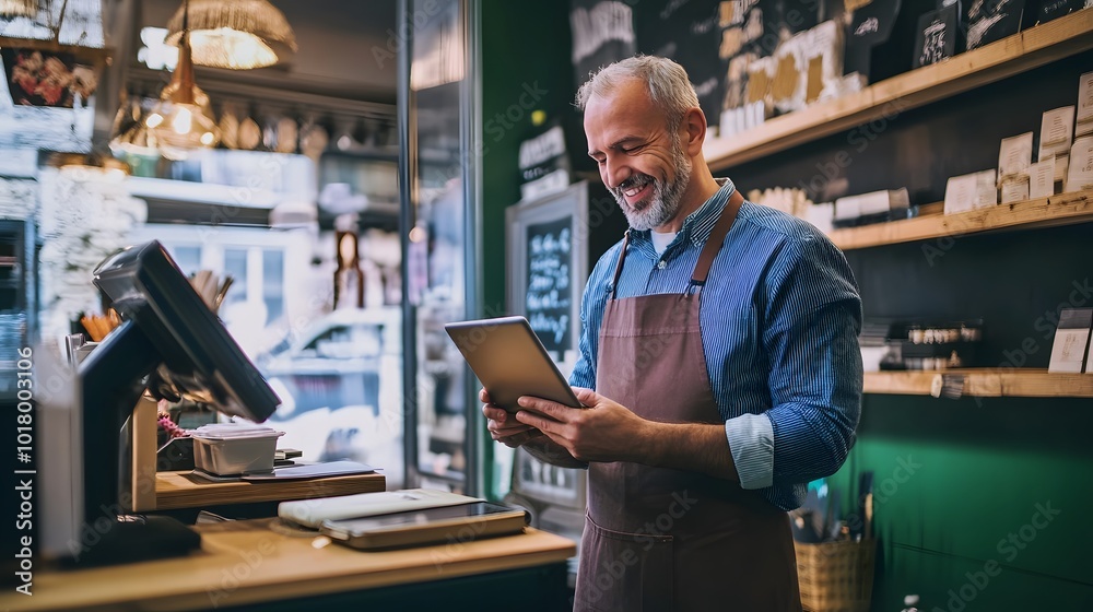 Smiling male business owner checks inventory on a tablet. Smiling male business owner checks inventory on a tablet.