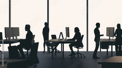Silhouetted office workers engaged in various tasks, creating a dynamic workspace ambience.