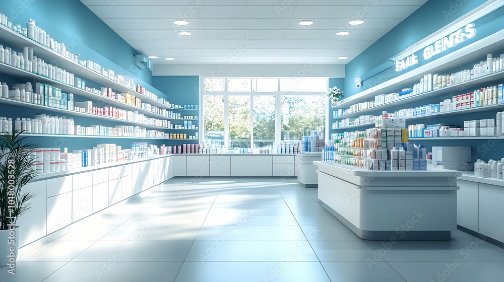 Bright pharmacy interior with shelves of products and natural light. Bright pharmacy interior with shelves of products and natural light.