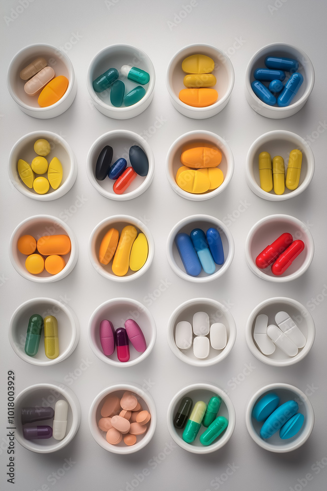 Top-down view of prescription drug capsules and tablets placed in small cups, with a diverse range of colors and types, symbolizing the complexity of pharmaceutical treatments. Top-down view of prescription drug capsules and tablets placed in small cups, with a diverse range of colors and types, symbolizing the complexity of pharmaceutical treatments.