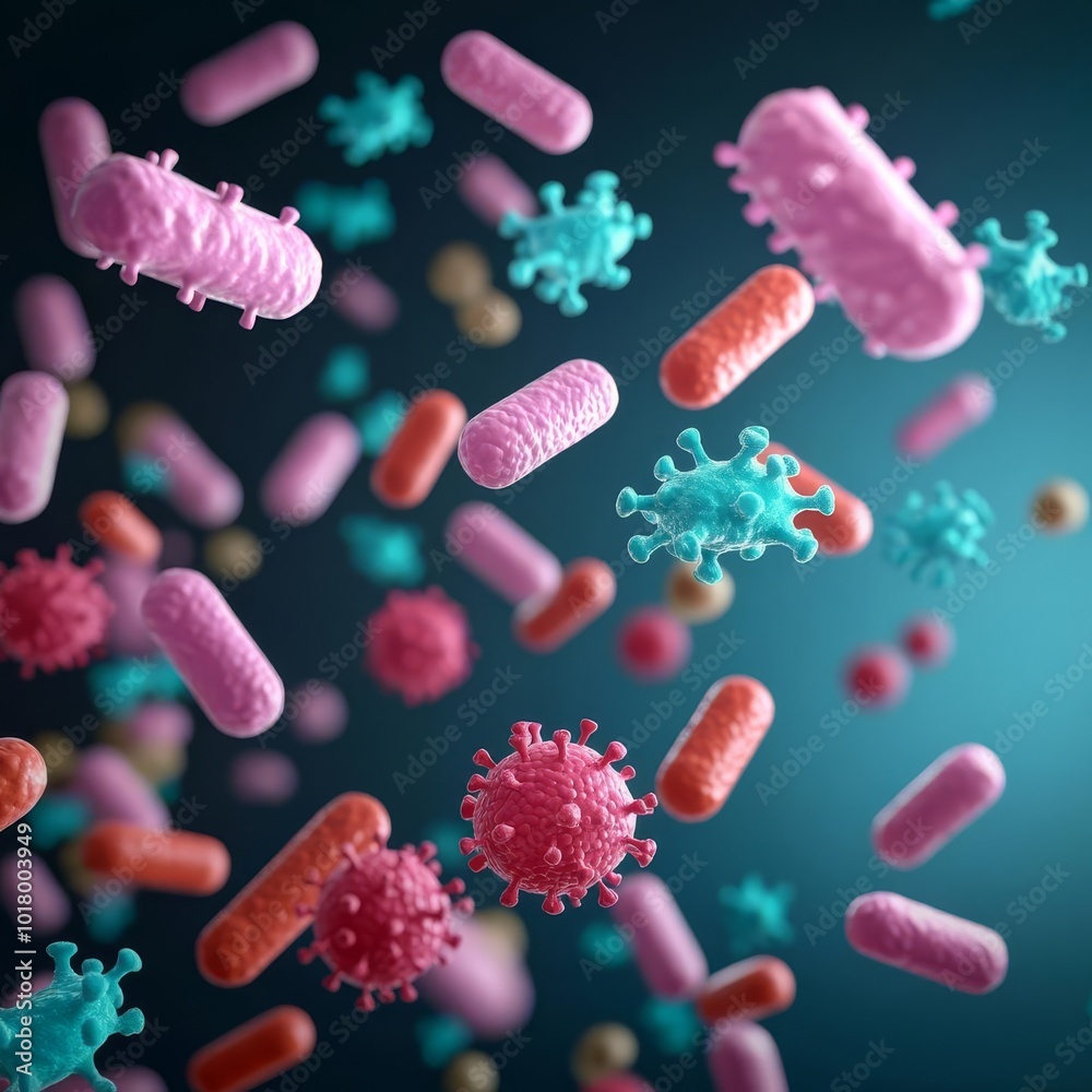 Pathogens multiplying in unclean environment, microscopic view, 3D illustration Pathogens multiplying in unclean environment, microscopic view, 3D illustration